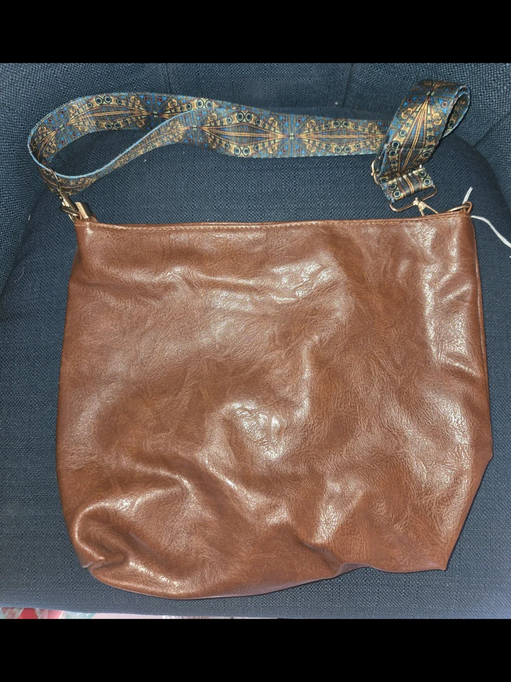 Faux Leather Crossbody Bag with Patterned Strap - Brown